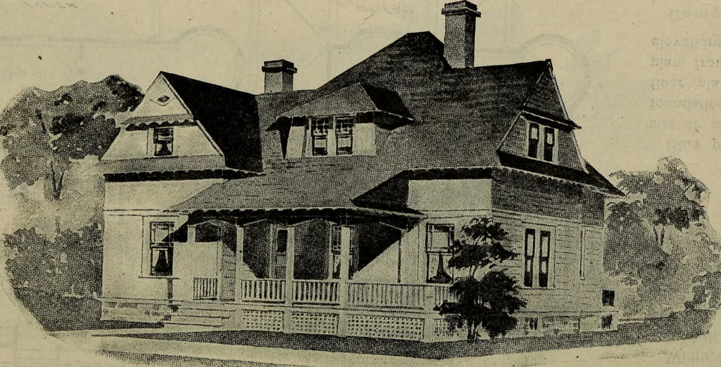 An illustration from Practical bungalows and cottages for town and country, perspective views and floor plans for three hundred low and medium priced houses and bungalows .., 1916, leaf 471