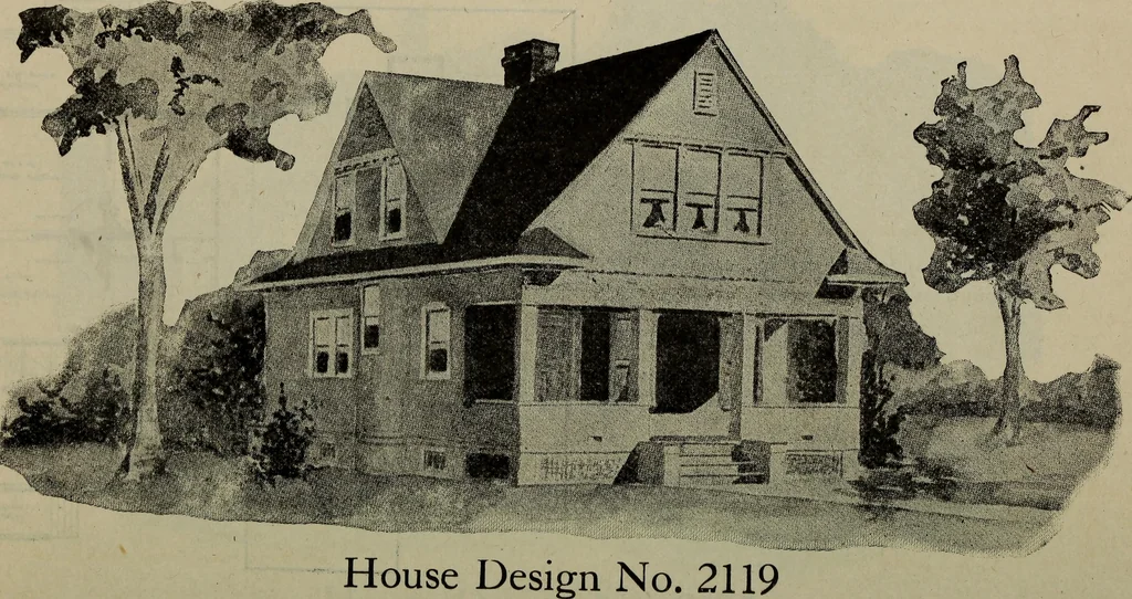 An illustration from Practical bungalows and cottages for town and country, perspective views and floor plans for three hundred low and medium priced houses and bungalows .., 1916, leaf 477
