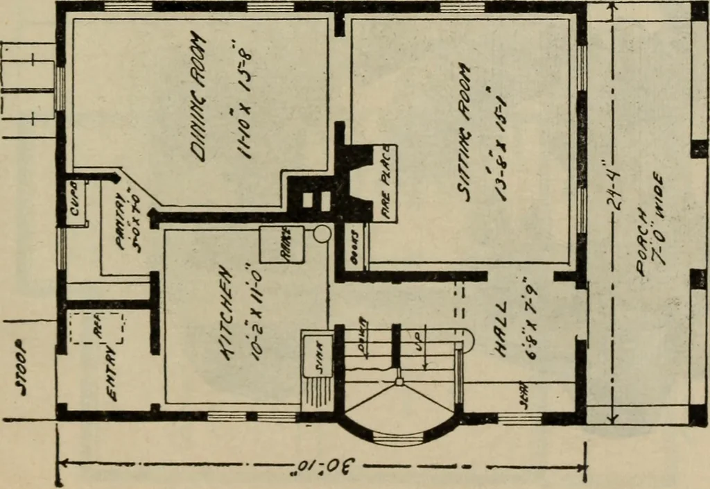 An illustration from Practical bungalows and cottages for town and country, perspective views and floor plans for three hundred low and medium priced houses and bungalows .., 1916, leaf 478