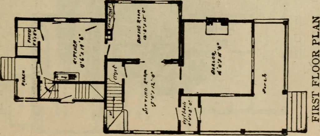 An illustration from Practical bungalows and cottages for town and country, perspective views and floor plans for three hundred low and medium priced houses and bungalows .., 1916, leaf 48