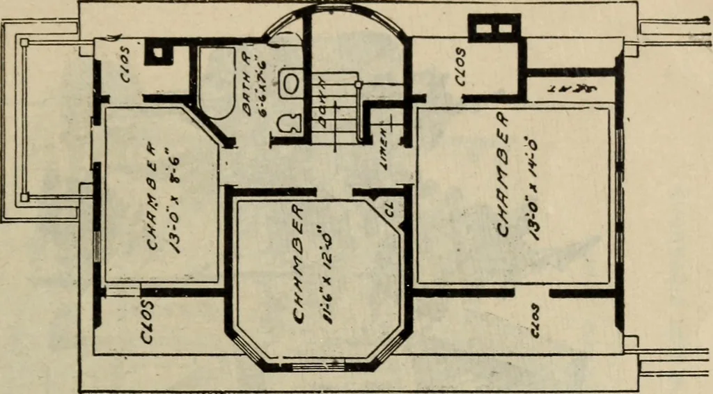 An illustration from Practical bungalows and cottages for town and country, perspective views and floor plans for three hundred low and medium priced houses and bungalows .., 1916, leaf 482