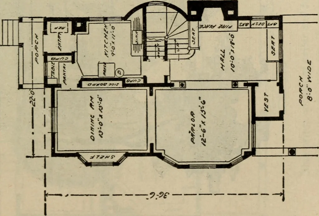 An illustration from Practical bungalows and cottages for town and country, perspective views and floor plans for three hundred low and medium priced houses and bungalows .., 1916, leaf 482