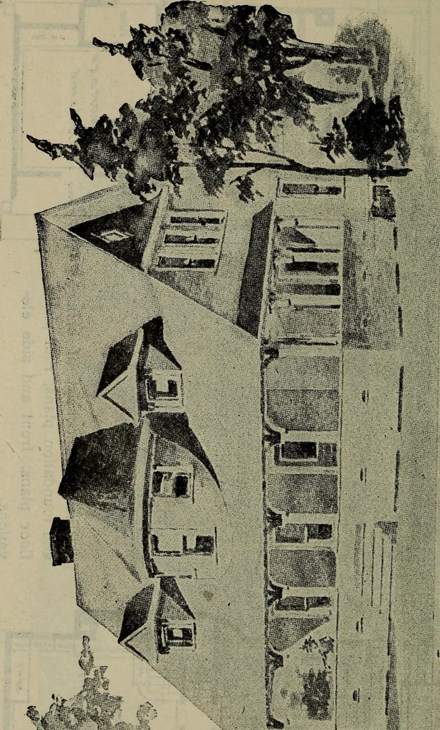 An illustration from Practical bungalows and cottages for town and country, perspective views and floor plans for three hundred low and medium priced houses and bungalows .., 1916, leaf 483