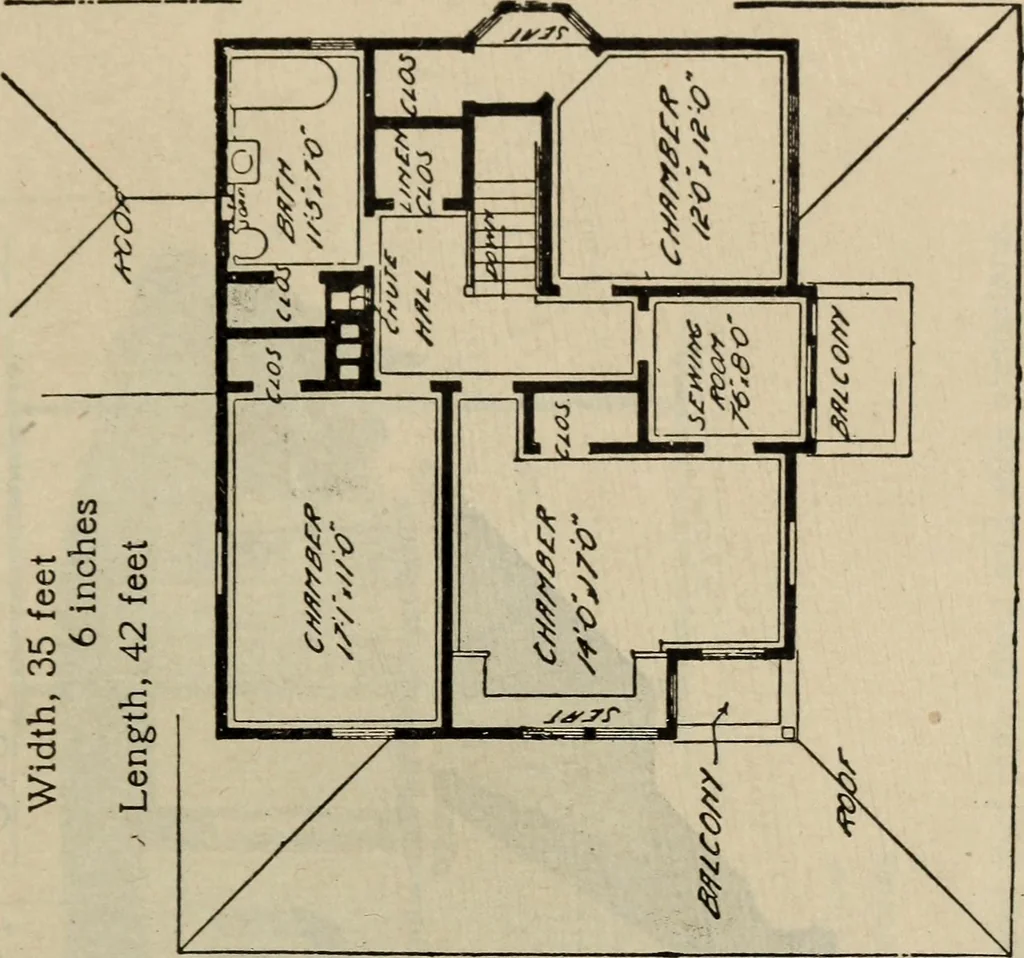 An illustration from Practical bungalows and cottages for town and country, perspective views and floor plans for three hundred low and medium priced houses and bungalows .., 1916, leaf 486