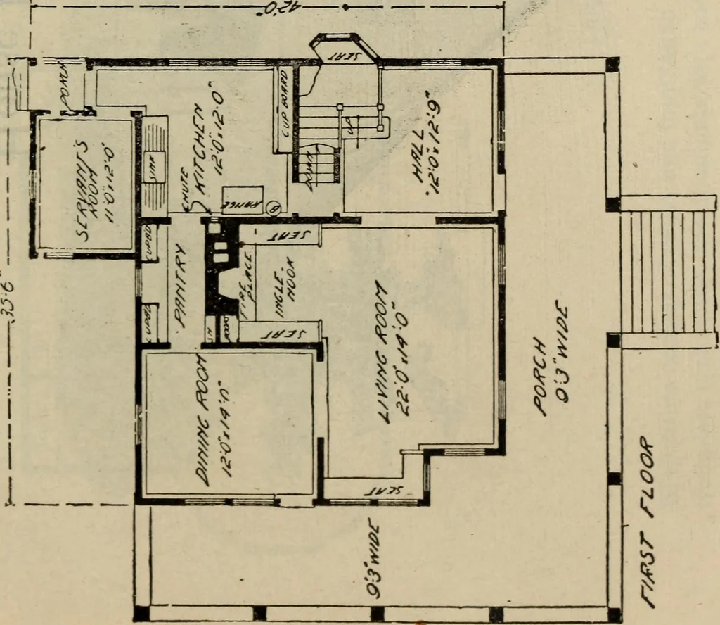 An illustration from Practical bungalows and cottages for town and country, perspective views and floor plans for three hundred low and medium priced houses and bungalows .., 1916, leaf 486