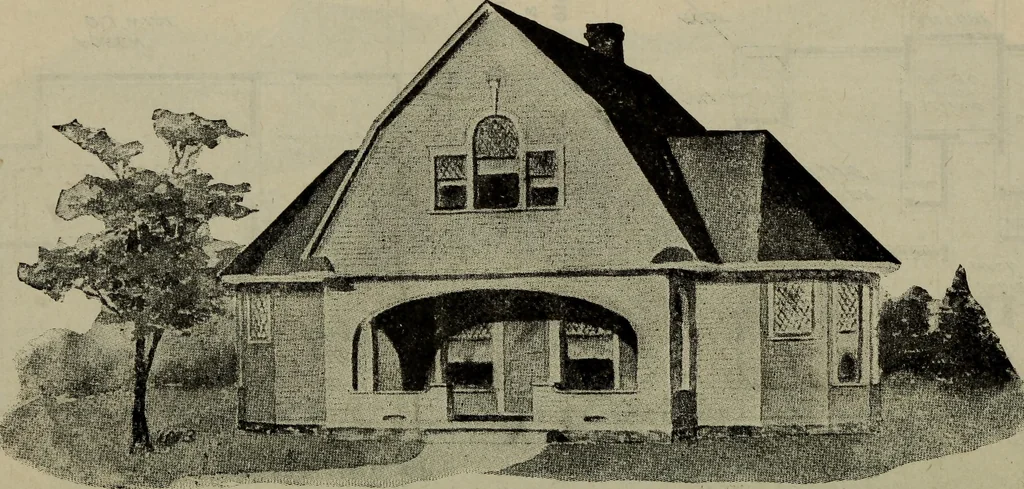 An illustration from Practical bungalows and cottages for town and country, perspective views and floor plans for three hundred low and medium priced houses and bungalows .., 1916, leaf 487