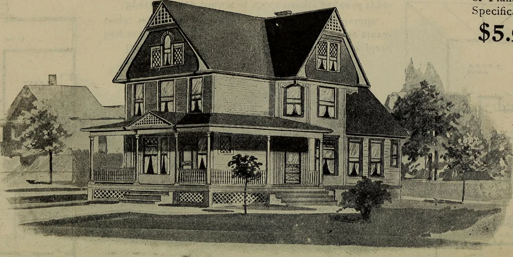 An illustration from Practical bungalows and cottages for town and country, perspective views and floor plans for three hundred low and medium priced houses and bungalows .., 1916, leaf 49