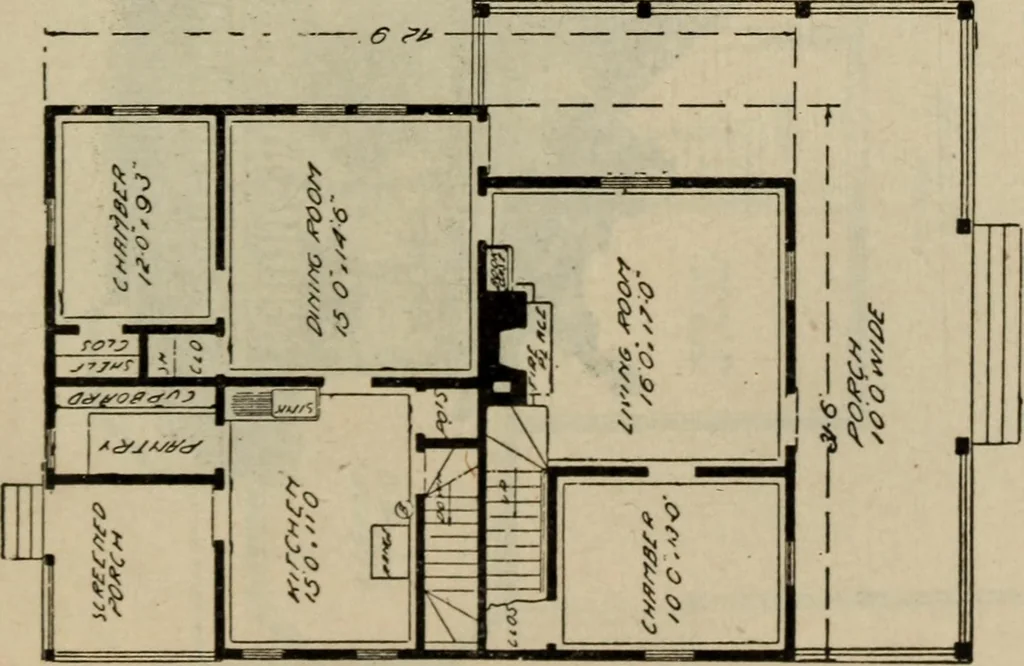 An illustration from Practical bungalows and cottages for town and country, perspective views and floor plans for three hundred low and medium priced houses and bungalows .., 1916, leaf 490