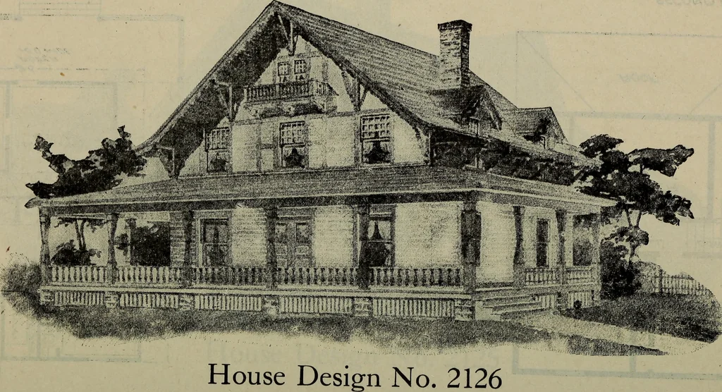 An illustration from Practical bungalows and cottages for town and country, perspective views and floor plans for three hundred low and medium priced houses and bungalows .., 1916, leaf 491