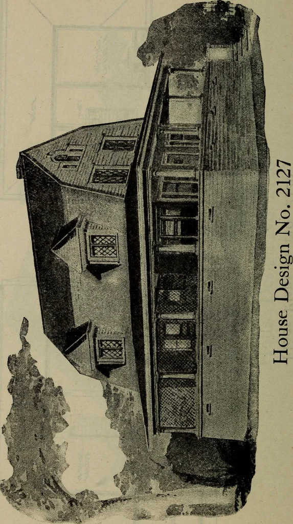 An illustration from Practical bungalows and cottages for town and country, perspective views and floor plans for three hundred low and medium priced houses and bungalows .., 1916, leaf 493