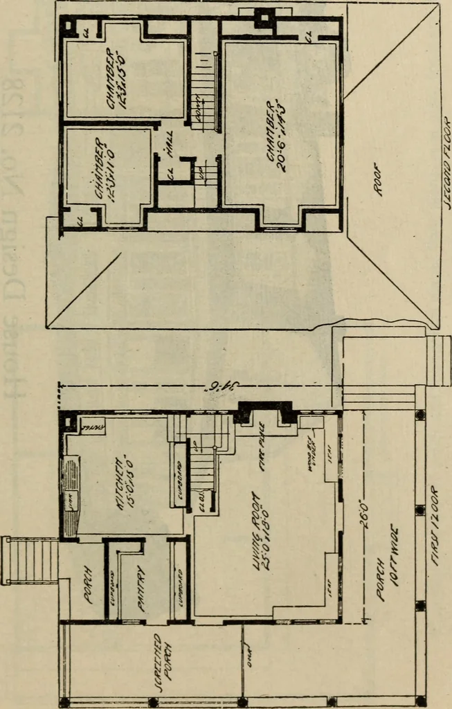 An illustration from Practical bungalows and cottages for town and country, perspective views and floor plans for three hundred low and medium priced houses and bungalows .., 1916, leaf 494