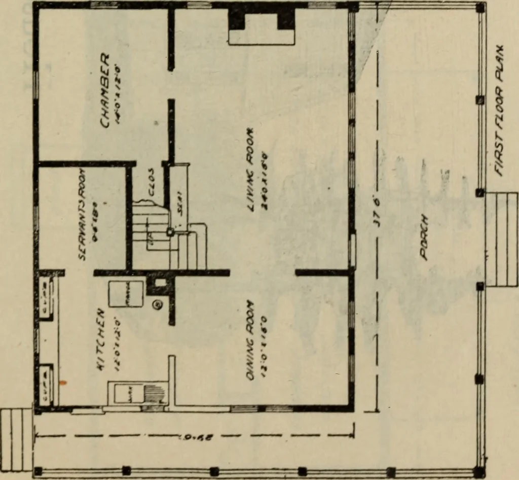 An illustration from Practical bungalows and cottages for town and country, perspective views and floor plans for three hundred low and medium priced houses and bungalows .., 1916, leaf 496