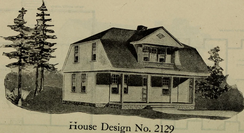 An illustration from Practical bungalows and cottages for town and country, perspective views and floor plans for three hundred low and medium priced houses and bungalows .., 1916, leaf 497