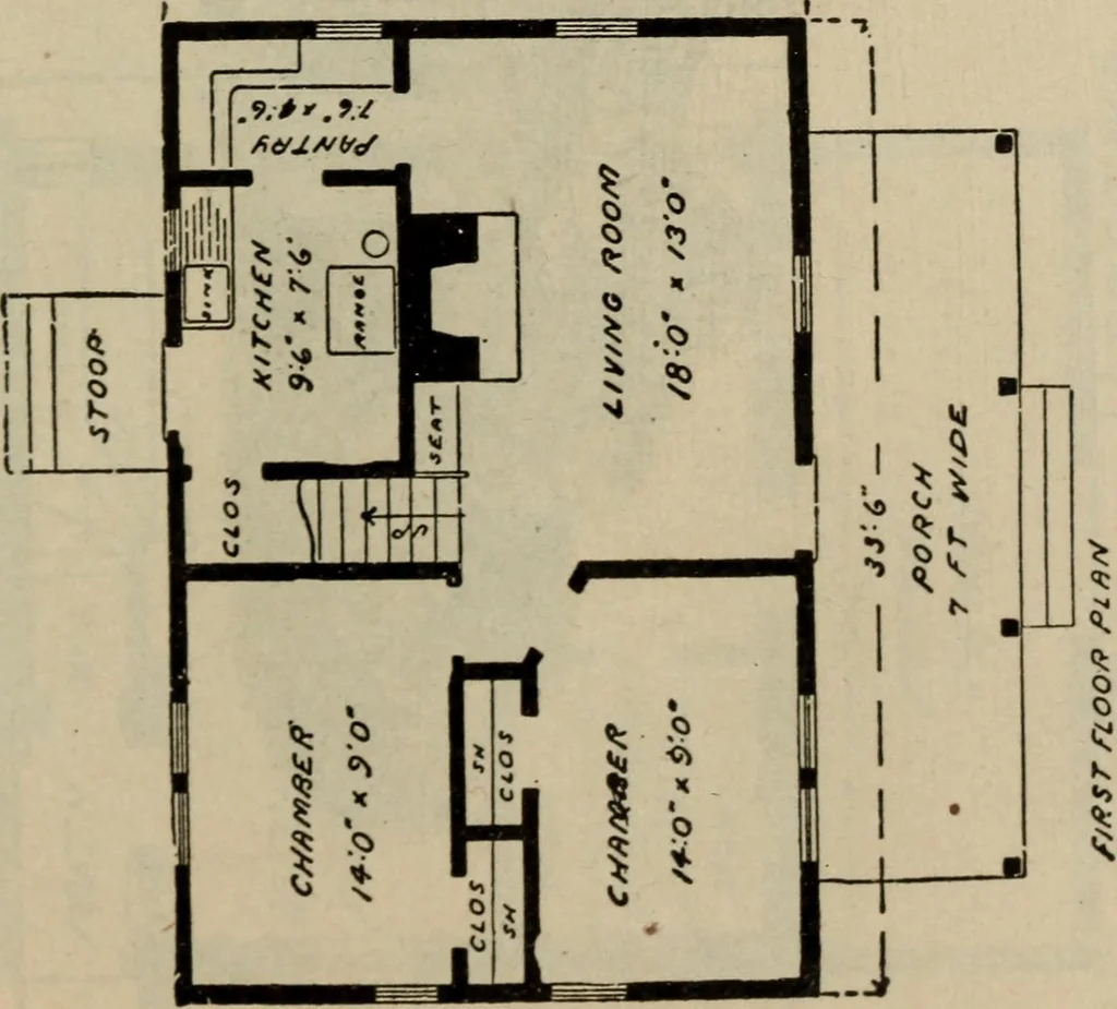 An illustration from Practical bungalows and cottages for town and country, perspective views and floor plans for three hundred low and medium priced houses and bungalows .., 1916, leaf 498
