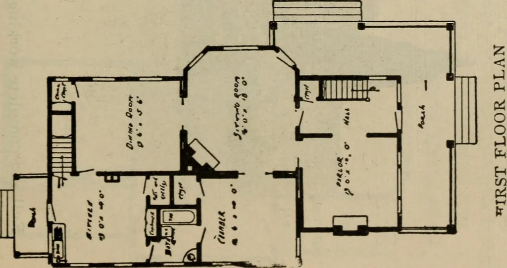 An illustration from Practical bungalows and cottages for town and country, perspective views and floor plans for three hundred low and medium priced houses and bungalows .., 1916, leaf 50