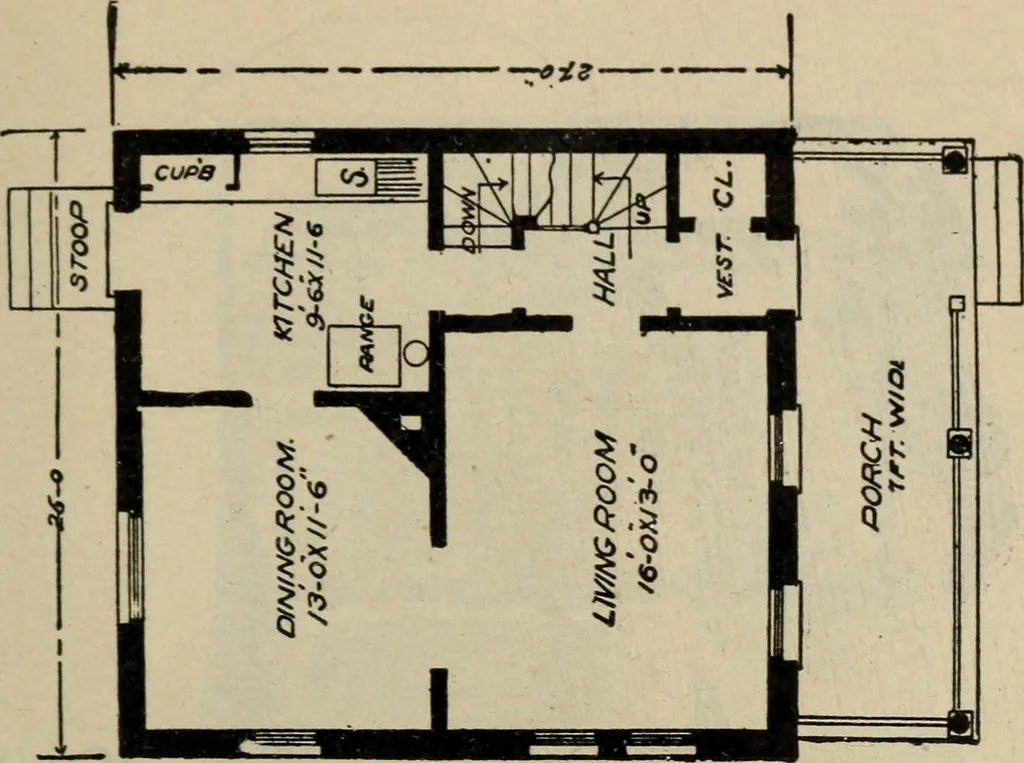 An illustration from Practical bungalows and cottages for town and country, perspective views and floor plans for three hundred low and medium priced houses and bungalows .., 1916, leaf 506