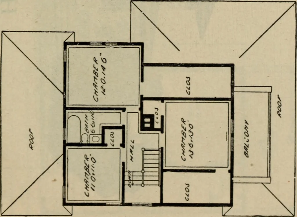 An illustration from Practical bungalows and cottages for town and country, perspective views and floor plans for three hundred low and medium priced houses and bungalows .., 1916, leaf 506