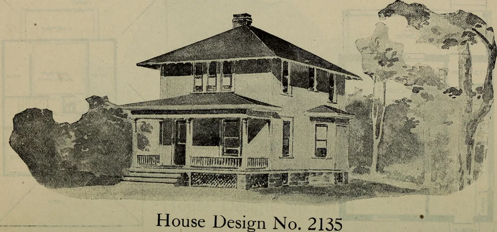 An illustration from Practical bungalows and cottages for town and country, perspective views and floor plans for three hundred low and medium priced houses and bungalows .., 1916, leaf 507