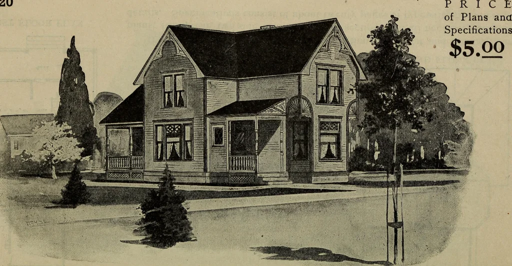 An illustration from Practical bungalows and cottages for town and country, perspective views and floor plans for three hundred low and medium priced houses and bungalows .., 1916, leaf 51