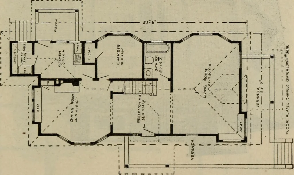 An illustration from Practical bungalows and cottages for town and country, perspective views and floor plans for three hundred low and medium priced houses and bungalows .., 1916, leaf 512