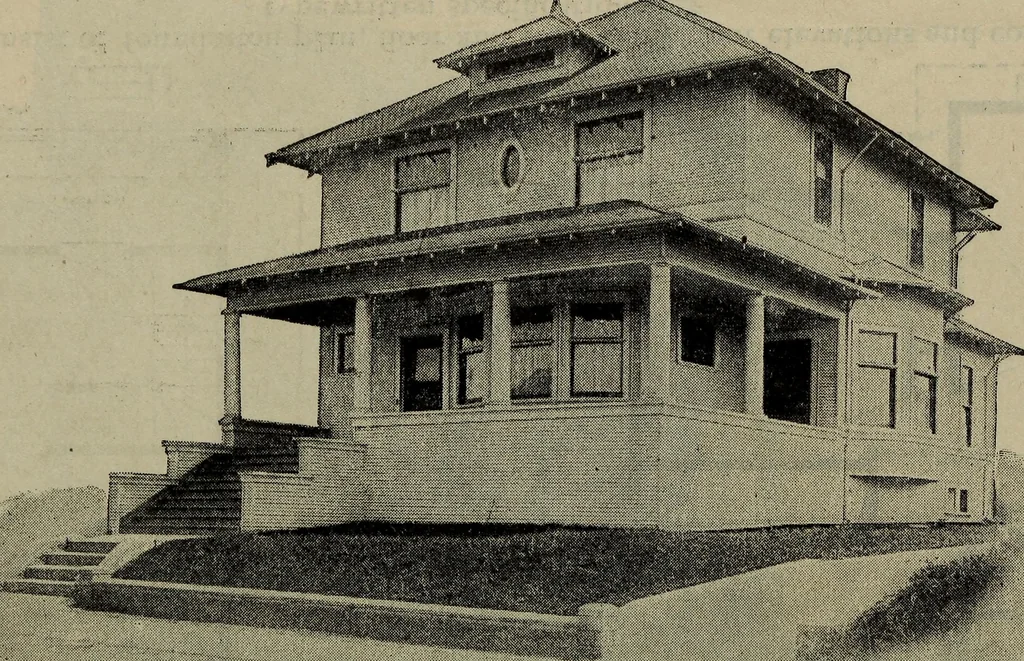 An illustration from Practical bungalows and cottages for town and country, perspective views and floor plans for three hundred low and medium priced houses and bungalows .., 1916, leaf 515