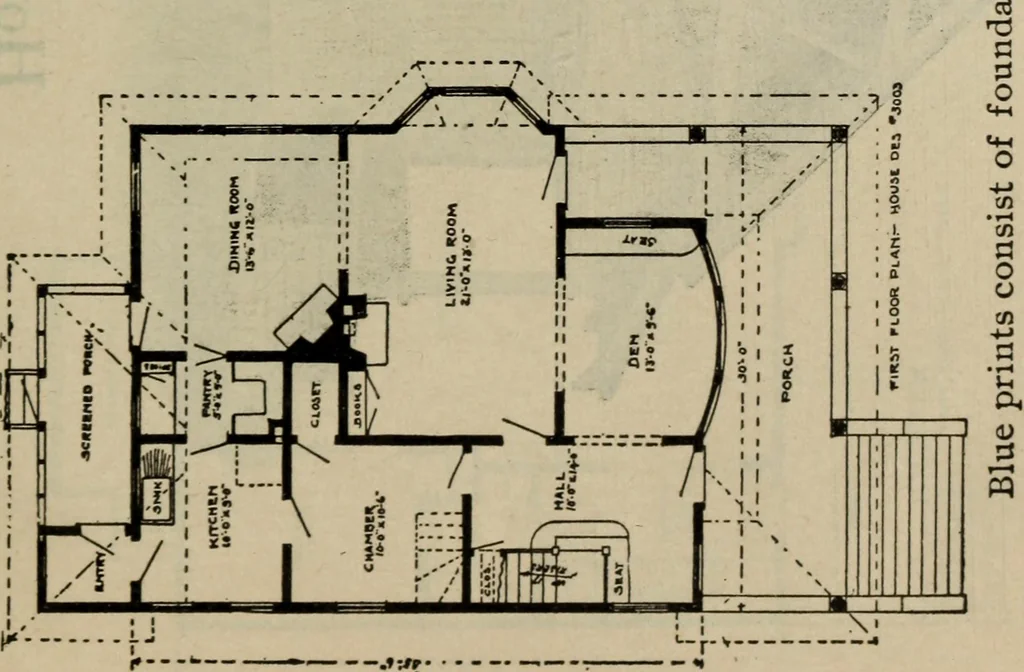 An illustration from Practical bungalows and cottages for town and country, perspective views and floor plans for three hundred low and medium priced houses and bungalows .., 1916, leaf 516