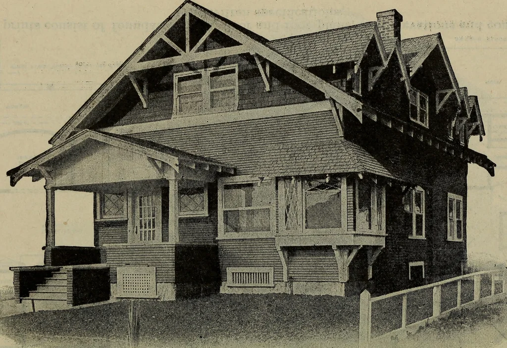 An illustration from Practical bungalows and cottages for town and country, perspective views and floor plans for three hundred low and medium priced houses and bungalows .., 1916, leaf 517