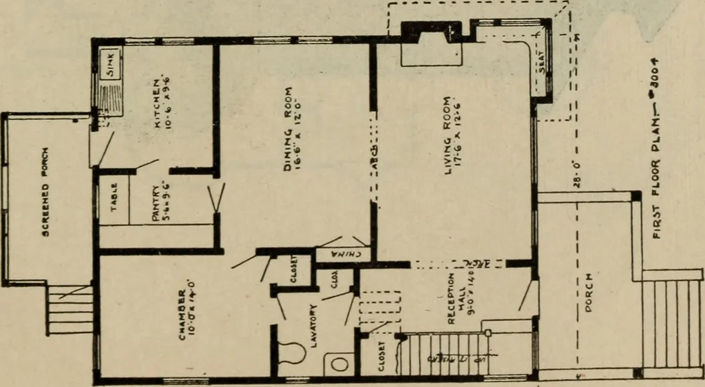 An illustration from Practical bungalows and cottages for town and country, perspective views and floor plans for three hundred low and medium priced houses and bungalows .., 1916, leaf 518