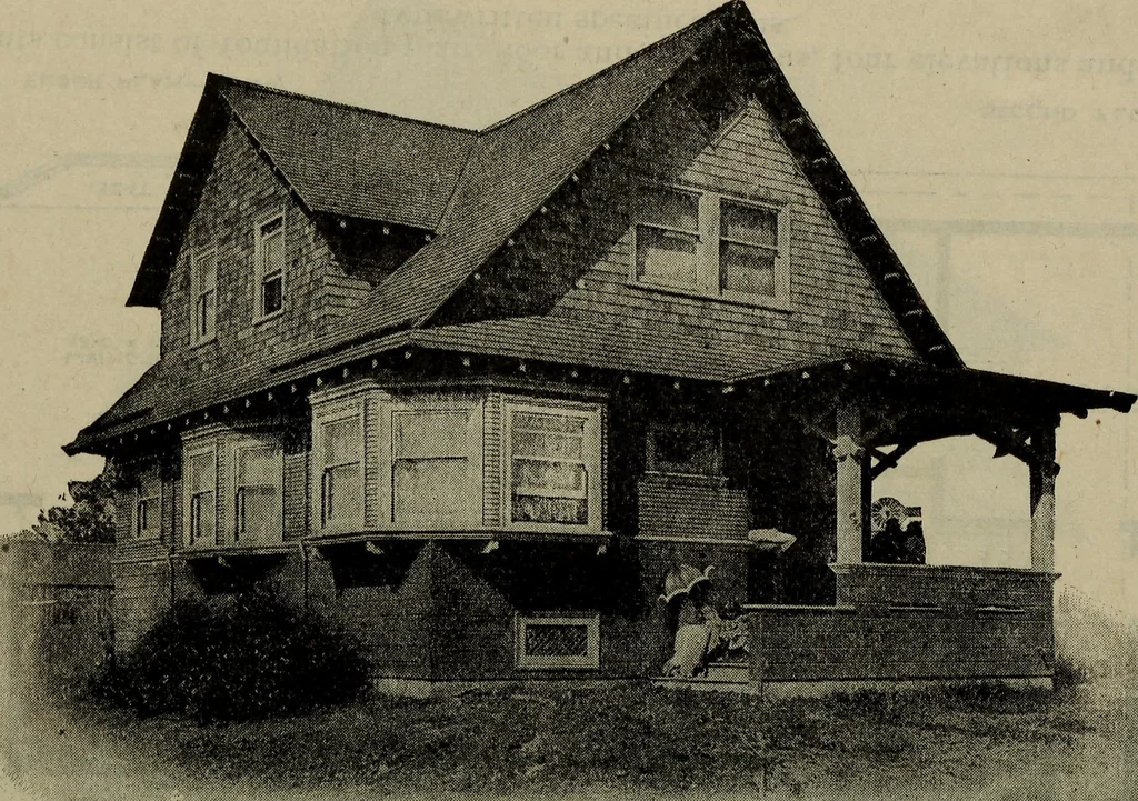 An illustration from Practical bungalows and cottages for town and country, perspective views and floor plans for three hundred low and medium priced houses and bungalows .., 1916, leaf 523