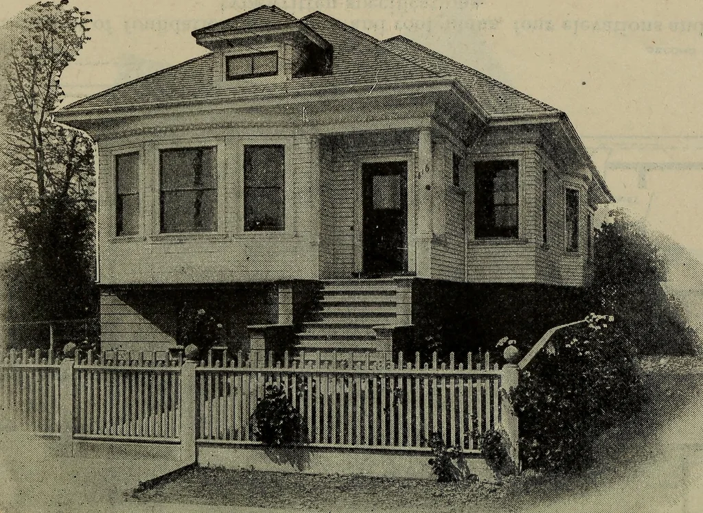 An illustration from Practical bungalows and cottages for town and country, perspective views and floor plans for three hundred low and medium priced houses and bungalows .., 1916, leaf 525