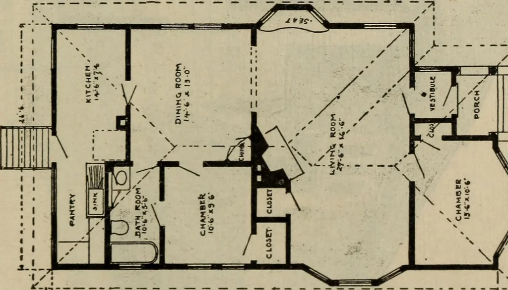 An illustration from Practical bungalows and cottages for town and country, perspective views and floor plans for three hundred low and medium priced houses and bungalows .., 1916, leaf 526
