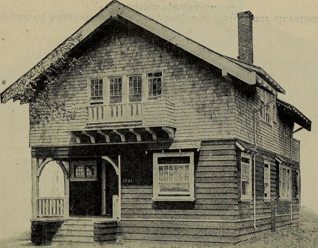 An illustration from Practical bungalows and cottages for town and country, perspective views and floor plans for three hundred low and medium priced houses and bungalows .., 1916, leaf 529