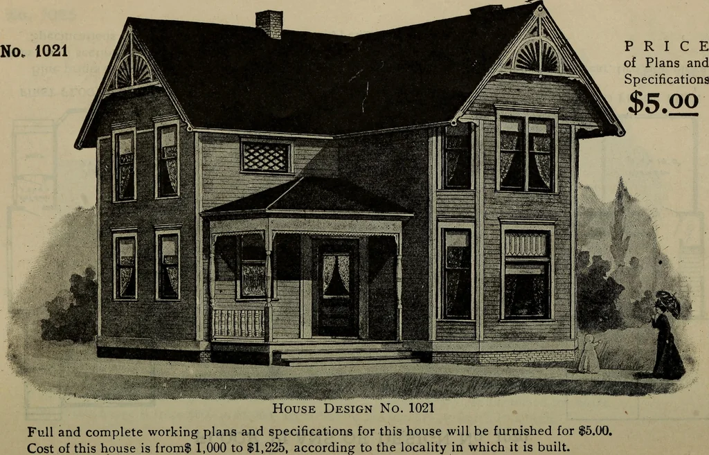 An illustration from Practical bungalows and cottages for town and country, perspective views and floor plans for three hundred low and medium priced houses and bungalows .., 1916, leaf 53
