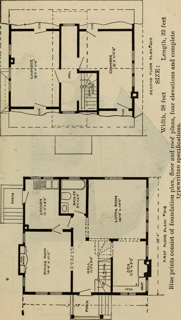 An illustration from Practical bungalows and cottages for town and country, perspective views and floor plans for three hundred low and medium priced houses and bungalows .., 1916, leaf 538