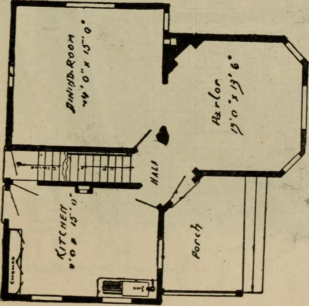 An illustration from Practical bungalows and cottages for town and country, perspective views and floor plans for three hundred low and medium priced houses and bungalows .., 1916, leaf 54