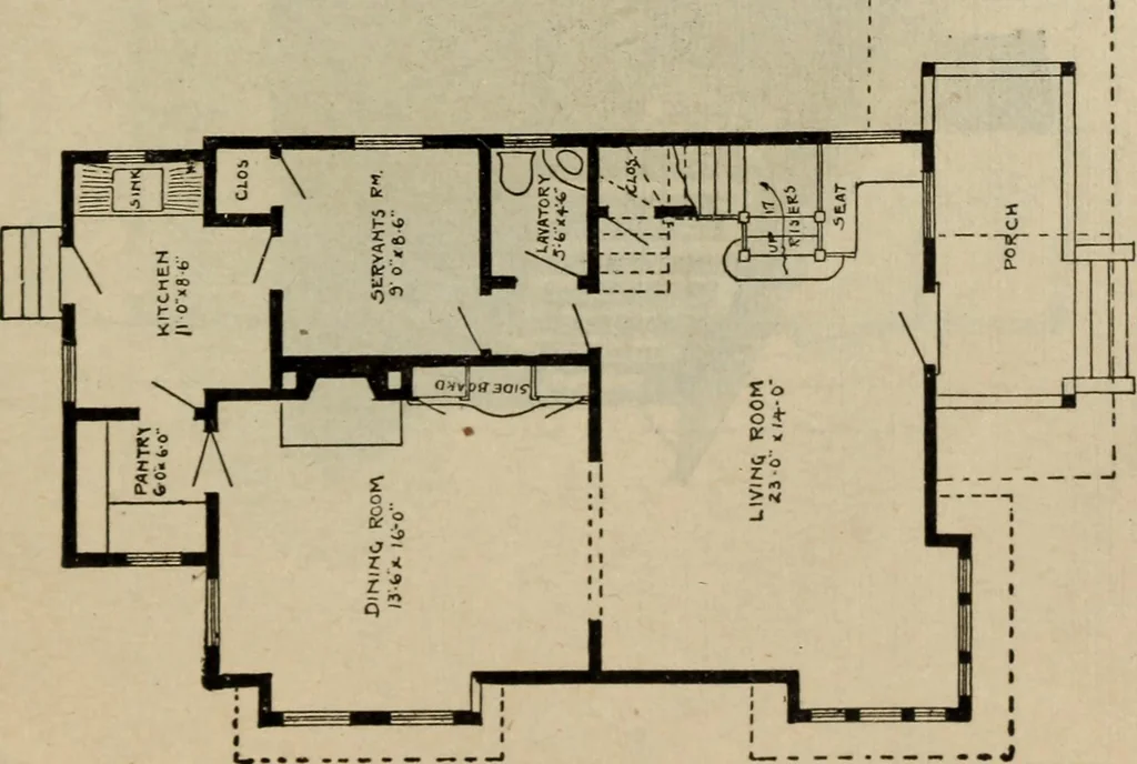 An illustration from Practical bungalows and cottages for town and country, perspective views and floor plans for three hundred low and medium priced houses and bungalows .., 1916, leaf 540