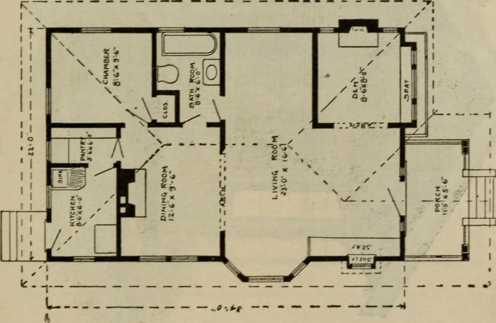 An illustration from Practical bungalows and cottages for town and country, perspective views and floor plans for three hundred low and medium priced houses and bungalows .., 1916, leaf 542