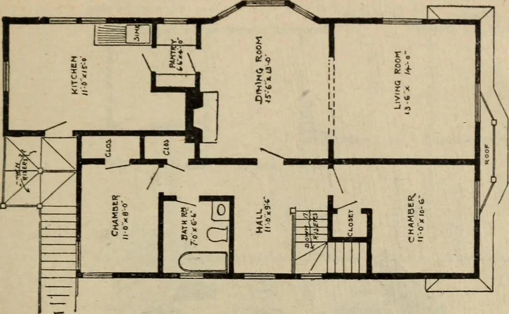 An illustration from Practical bungalows and cottages for town and country, perspective views and floor plans for three hundred low and medium priced houses and bungalows .., 1916, leaf 546