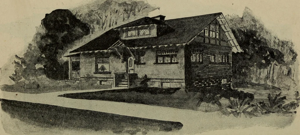 An illustration from Practical bungalows and cottages for town and country, perspective views and floor plans for three hundred low and medium priced houses and bungalows .., 1916, leaf 551