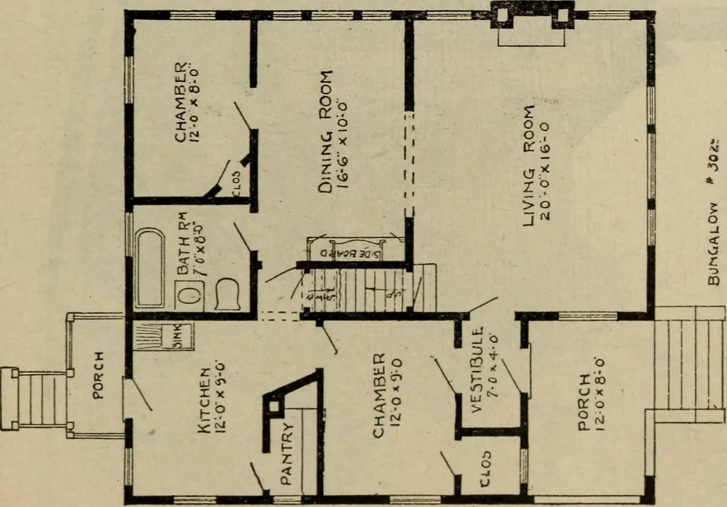 An illustration from Practical bungalows and cottages for town and country, perspective views and floor plans for three hundred low and medium priced houses and bungalows .., 1916, leaf 554