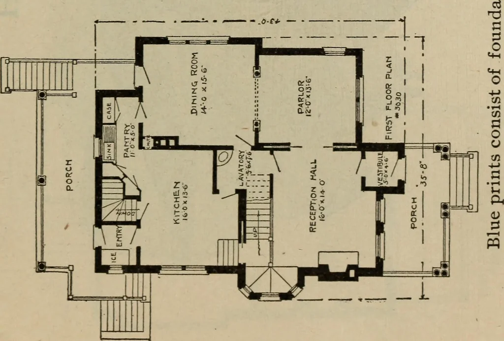 An illustration from Practical bungalows and cottages for town and country, perspective views and floor plans for three hundred low and medium priced houses and bungalows .., 1916, leaf 556