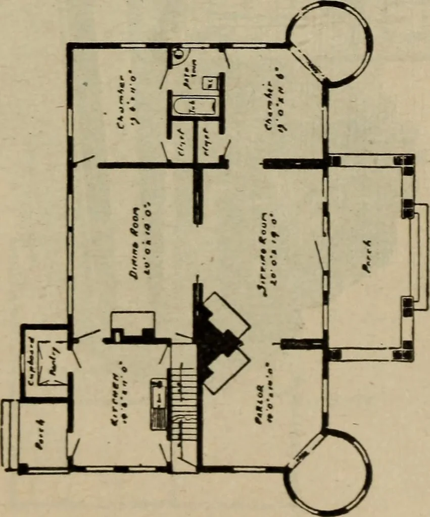 An illustration from Practical bungalows and cottages for town and country, perspective views and floor plans for three hundred low and medium priced houses and bungalows .., 1916, leaf 56