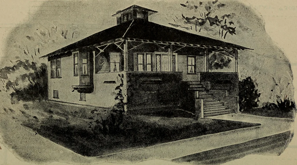 An illustration from Practical bungalows and cottages for town and country, perspective views and floor plans for three hundred low and medium priced houses and bungalows .., 1916, leaf 563