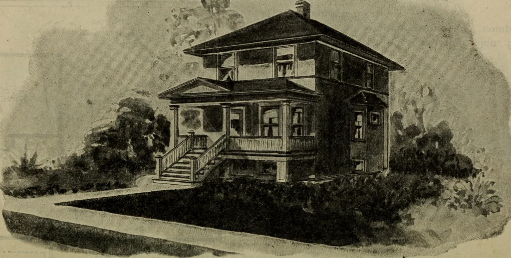 An illustration from Practical bungalows and cottages for town and country, perspective views and floor plans for three hundred low and medium priced houses and bungalows .., 1916, leaf 565