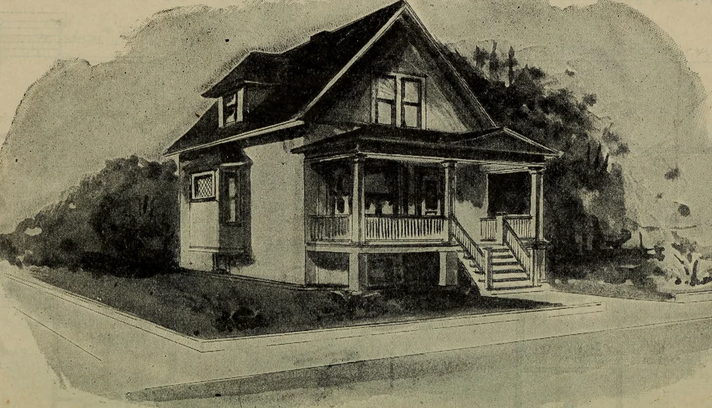 An illustration from Practical bungalows and cottages for town and country, perspective views and floor plans for three hundred low and medium priced houses and bungalows .., 1916, leaf 567