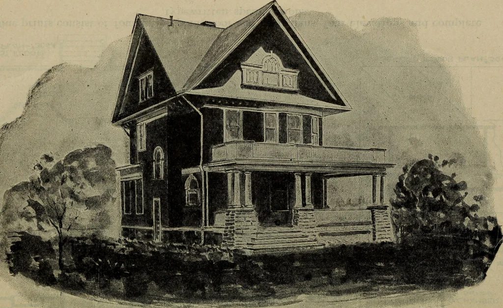 An illustration from Practical bungalows and cottages for town and country, perspective views and floor plans for three hundred low and medium priced houses and bungalows .., 1916, leaf 569