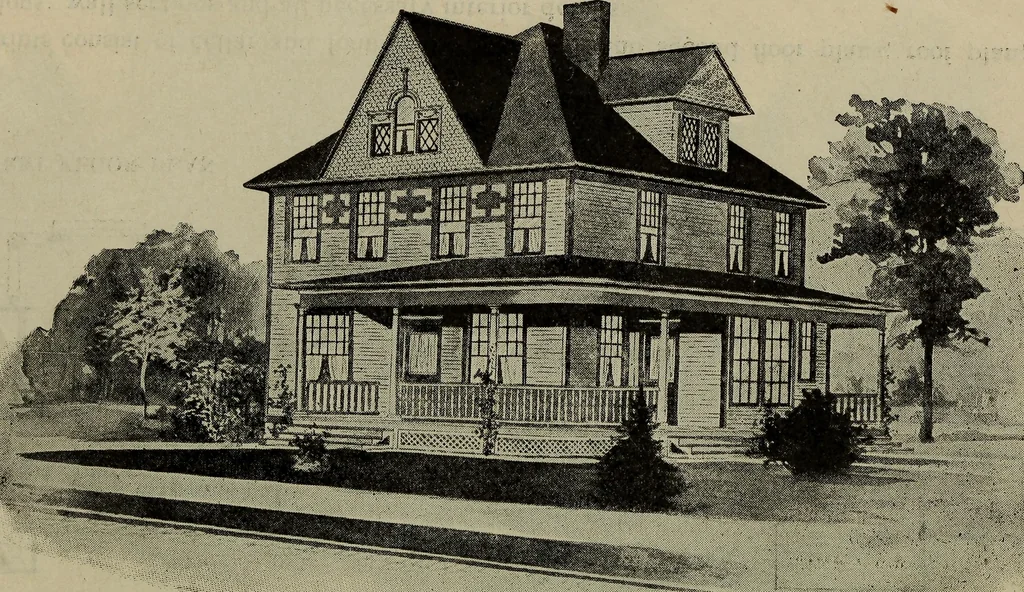 An illustration from Practical bungalows and cottages for town and country, perspective views and floor plans for three hundred low and medium priced houses and bungalows .., 1916, leaf 57