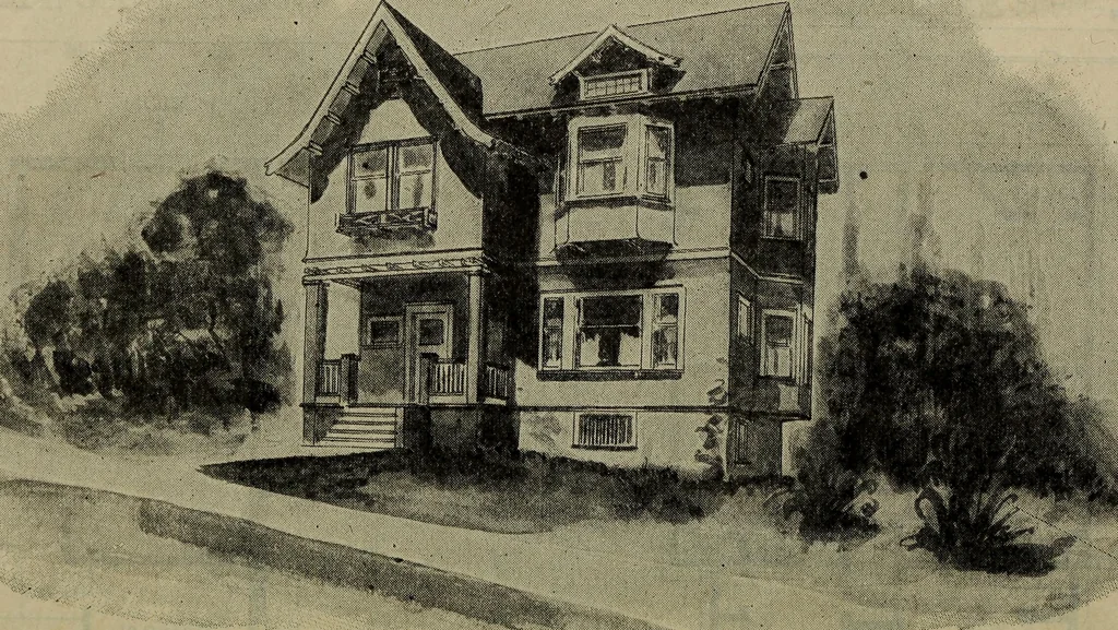 An illustration from Practical bungalows and cottages for town and country, perspective views and floor plans for three hundred low and medium priced houses and bungalows .., 1916, leaf 573