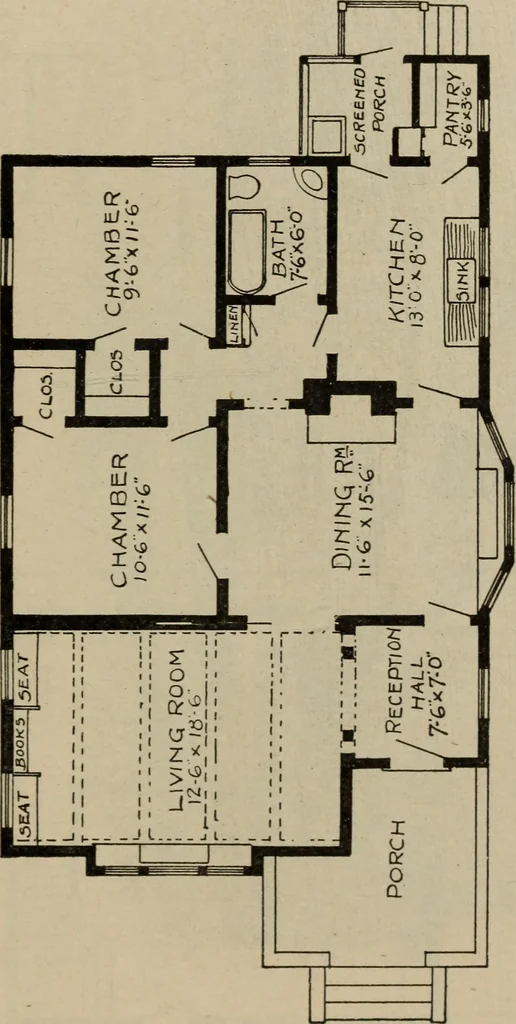 An illustration from Practical bungalows and cottages for town and country, perspective views and floor plans for three hundred low and medium priced houses and bungalows .., 1916, leaf 576