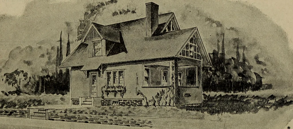 An illustration from Practical bungalows and cottages for town and country, perspective views and floor plans for three hundred low and medium priced houses and bungalows .., 1916, leaf 577